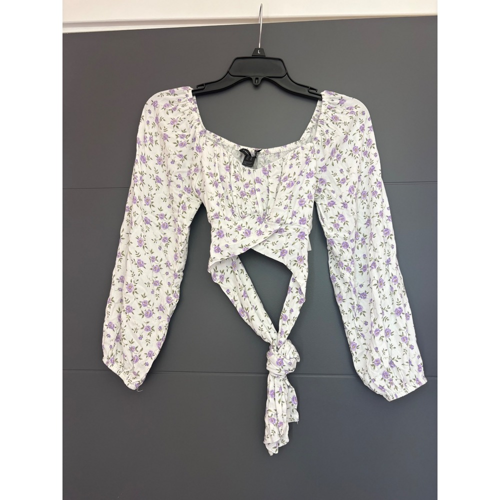 Streetwear Society Floral Crop Top White Purple Rose Wrap Tie Long Sleeve Medium